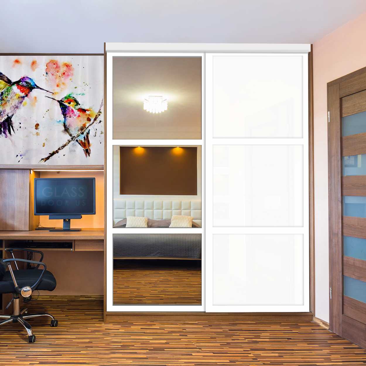 Puerta De Armario Con Vidrio Pintado Blanco Y Espejo Insertado 2 Paneles BMSC-1179